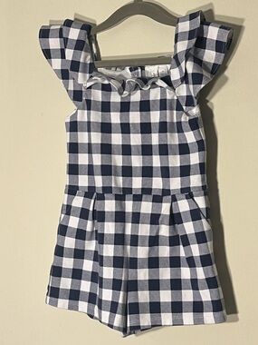 Janie and Jack Gingham Ponte Ruffled Romper Shorts Navy White Checkered